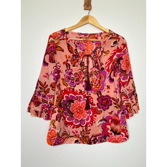 Tory Burch Gwenna Tunic Pink Floral Blouse Size 4 Cotton Boho Chic Resort - Picture 1 of 7